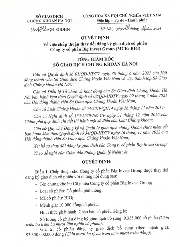 Công bố thông tin Nhận được Quyết định số 1212/QĐ-SGDHN ngày 19/11/2024 của Sở giao dịch chứng khoán Hà Nội về việc chấp thuận thay đổi đăng ký giao dịch cổ phiếu Công ty Cổ phần Big Invest Group (MCK: BIG)